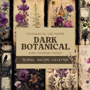 Pagine di diario spazzatura botanica, doppia diffusione di erbe scure, kit di carta per scrapbook digitale gotico Download istantaneo Artigianato di carta Stampabili vintage