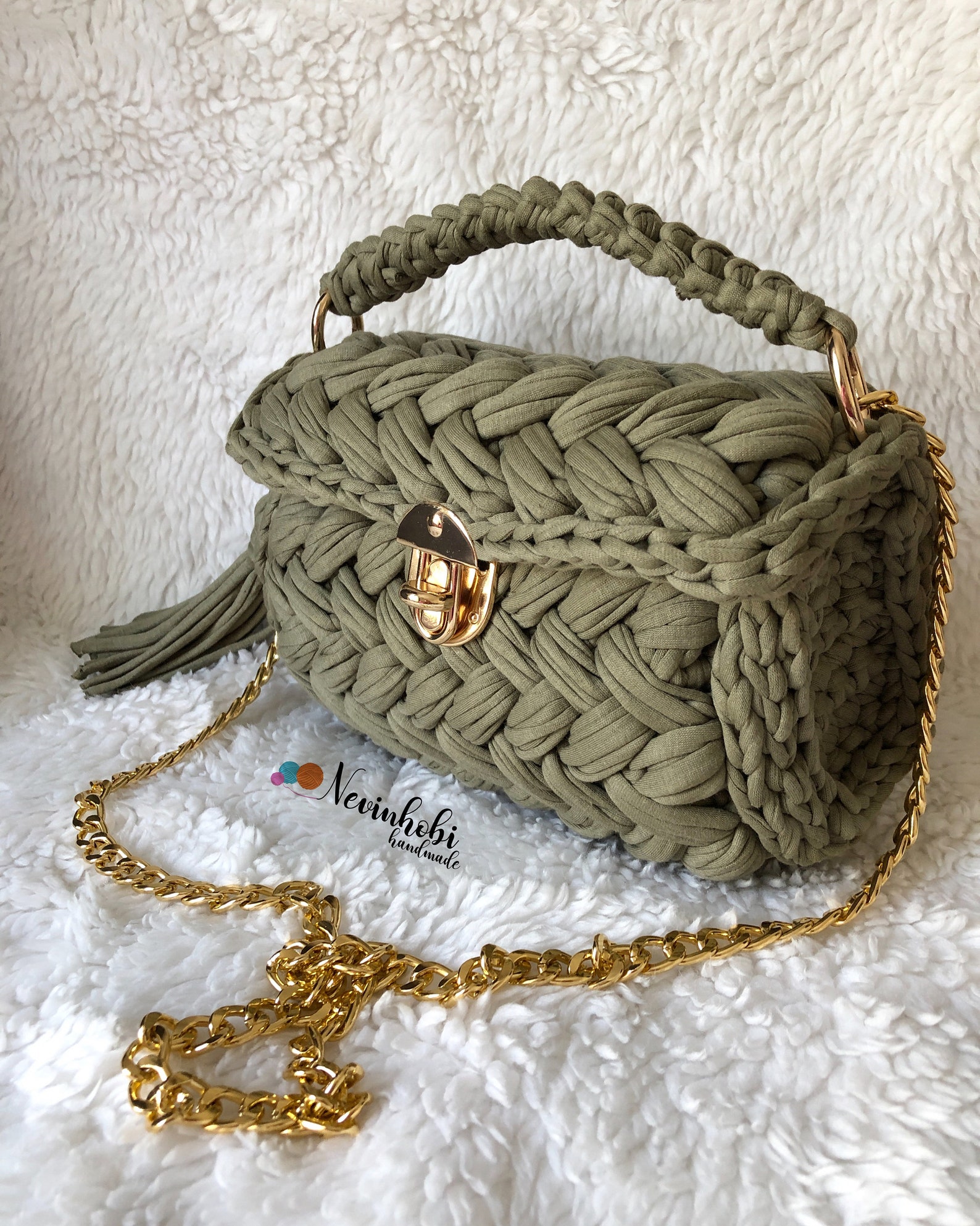 Army Green shoulder bag with gold chain for women Handmade Etsy