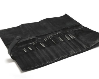 muud Stockholm Handmade leather case for interchangeable needles + circular knitting needles black
