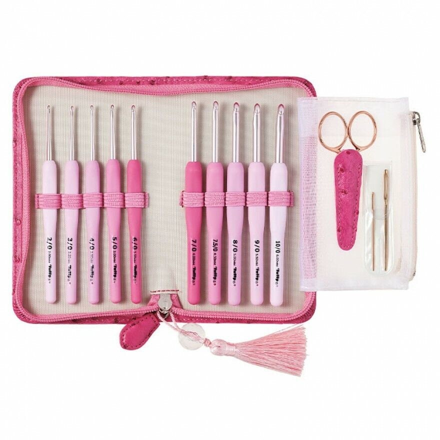 SET OF Tulip ETIMO Rose Wool and Lace Crochet Hook With Cushion Grip Includ  10 Pcs Hooks Gift 