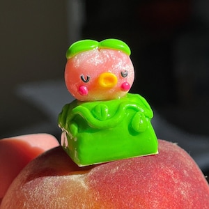 Może przedstawiać: Mała, różowa i zielona figurka z ptasim obliczem siedzi na brzoskwini. Figurka ma zieloną, liściastą koronę i różową twarz z czarnymi oczami i żółtym dziobem.