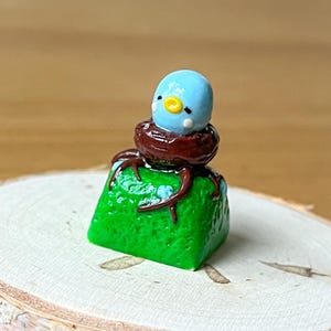 Puede incluir: Un pájaro azul con ojos amarillos y un nido marrón se sienta en una tecla verde. El pájaro está mirando hacia abajo y tiene una expresión triste.