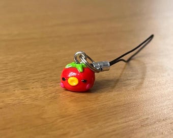 Ciondolo per telefono a forma di pomodoro kawaii fatto a mano: accessorio per borsa in pasta polimerica