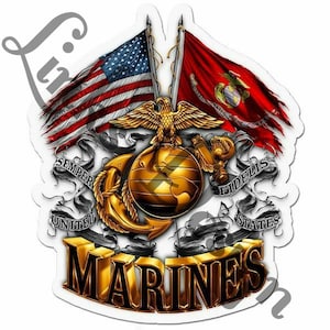 May include: A gold eagle with outstretched wings stands atop a globe with a gold anchor on either side. The globe is surrounded by a banner with the words "Semper Fidelis" and "United States Marines". The eagle is holding a banner with the words "United States Marine Corps". The eagle and globe are surrounded by two flags, one American and one Marine Corps flag.