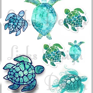 May include: A set of six watercolor sea turtle illustrations in shades of blue and green. The turtles are in various poses, some with intricate patterns and others with a more simple design.