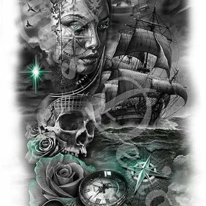 May include: A black and white tattoo design featuring a woman's face, a ship, a skull, roses, a compass, and a pocket watch. The design is in a nautical theme and includes a compass rose, a sextant, and a rope.
