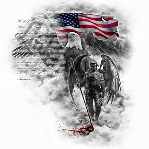 May include: A black and white illustration of a soldier with angel wings standing in front of a mountain range with a tattered American flag waving in the wind. The soldier is holding a spear with a red blood stain at the bottom. The text "We the people of the United States, in Order to form a more perfect Union, establish Justice, ensure domestic Tranquility, provide for the common defence, promote the general Welfare, and secure the Blessings of Liberty to ourselves and our Posterity, do ordain and establish this Constitution for the United States of America." is visible in the background.