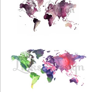 May include: Two watercolor world maps. The top map is in shades of purple and pink. The bottom map is in shades of green, blue, and pink.