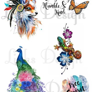 May include: A digital art print set featuring four images: a fox with a headdress, a butterfly, a peacock with flowers, and a lizard with flowers. The text "Always Stay Humble & Kind" is included in the image. The text "Free Spirit" is included in the image.