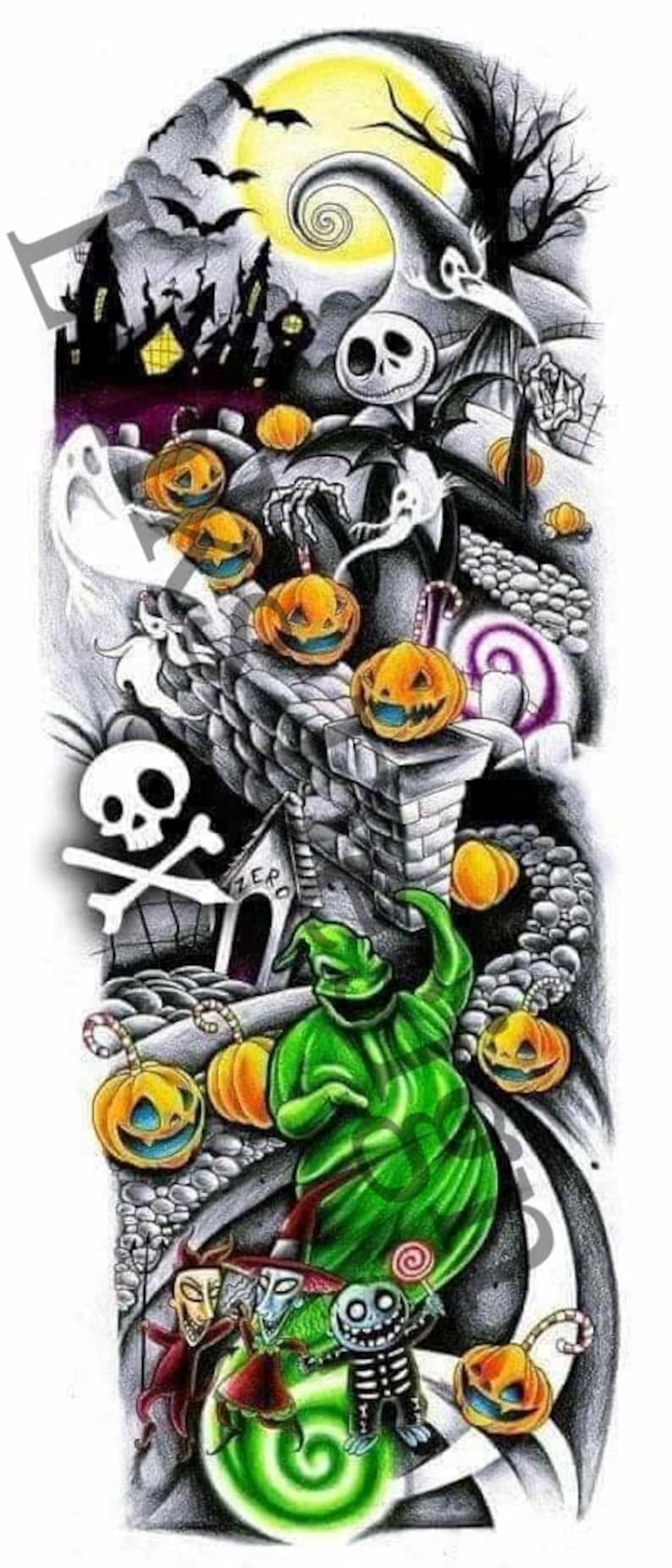 Op de afbeelding: Een zwart-witte illustratie van personages uit de film The Nightmare Before Christmas. De personages zijn Jack Skellington, Sally, Oogie Boogie en Zero. De illustratie is tegen een achtergrond van een griezelige Halloween-sc&egrave;ne met een volle maan, vleermuizen en pompoenen.