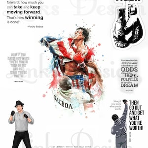 May include: Collection of Rocky Balboa-themed stickers and illustrations. Includes a watercolor painting of Rocky with an American flag, boxing gloves, and motivational quotes like "Eye of the Tiger" and "Then go out and get what you're worth!"