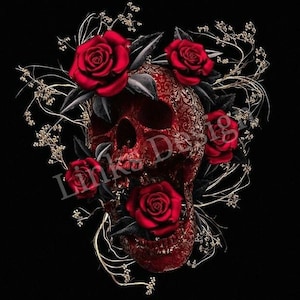 Red fancy skull and roses waterslide decal for tumblers