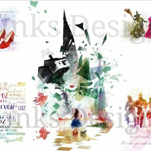 May include: A watercolor painting of a scene from the Wizard of Oz. The image features Dorothy, the Wicked Witch of the West, the Yellow Brick Road, and the Emerald City. The text "There's no place like home" is written at the top of the image. The text "Were off to see the Wizard of the wonderful Oz" is written on the left side of the image. The text "It's not where you go... it's who you meet along the way." is written at the bottom of the image.
