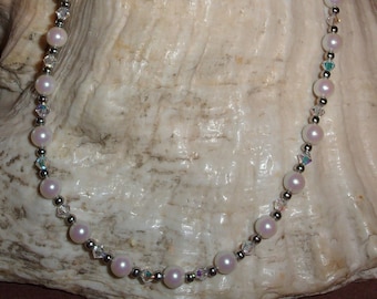 Pearl and Crystal Necklace, Swarovski Pearlescent White Pearl and Crystal Necklace