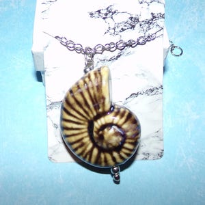 May include: A necklace featuring a ceramic ammonite pendant. The pendant is beige and brown with dark brown spiral lines. It hangs from a silver chain. The necklace is displayed on a marble-patterned card inside a white box.