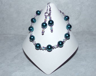 8mm Teal Pearl and Crystal Bracelet Earrings Set, Hypoallergenic Stainless Steel