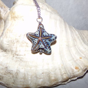 Puede incluir: Un collar de cadena de plata con un colgante de cer&aacute;mica de estrella de mar azul y marr&oacute;n. El colgante tiene un esmalte blanco con manchas marrones y una cuenta de plata en el centro.