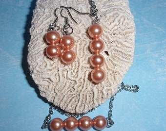 Rose Peach Swarovski Pearl Bar Jewelry Set-Necklace, Bracelet and Earrings