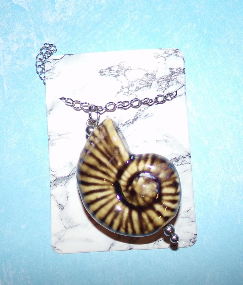Op de afbeelding: Een zilveren ketting met een keramische hanger in de vorm van een nautilus schelp. De schelp is cr&egrave;mekleurig met bruine strepen.