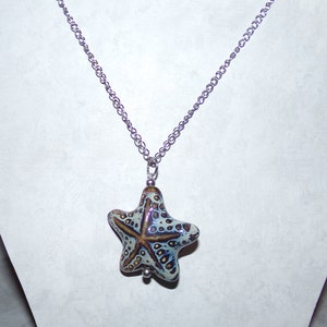 Puede incluir: Un collar de cadena de plata con un colgante de estrella de mar de cer&aacute;mica azul y marr&oacute;n.