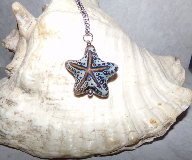 Puede incluir: Un collar de cadena de plata con un colgante de cer&aacute;mica de estrella de mar azul y marr&oacute;n. El colgante tiene un esmalte blanco con manchas marrones y una cuenta de plata en el centro.