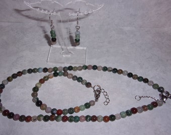 3PC Gemstone Bead Set, 6mm Indian Agate Necklace, Bracelet, and Earrings Set