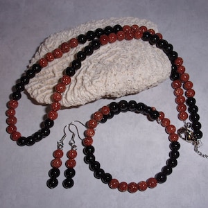 Goldstone and Agate Gemstone Bead Jewelry Set-Necklace, Bracelet, and Earrings