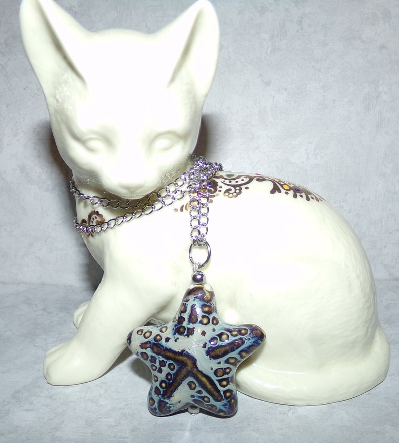 Puede incluir: Un collar de cadena plateada con un colgante de estrella de mar de cer&aacute;mica azul y blanca. El colgante tiene una superficie texturizada con acentos marrones.