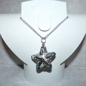 Puede incluir: Un collar de cadena plateada con un colgante de estrella de mar de cer&aacute;mica blanca. La estrella de mar tiene un esmalte marr&oacute;n y azul con un patr&oacute;n moteado.