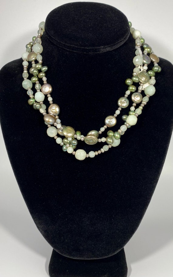Jade, Dyed Metal and Fresh Water Pearl Beaded Nec… - image 1