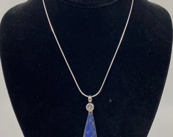 Lapis Lazuli and CZ Silver Pendant 2" Long. Made in India PDT-12