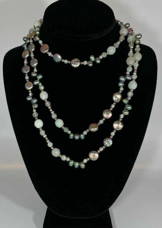 52" Long Beaded Jade and Dyed Pearl Necklace. Made