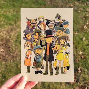 May include: A print featuring a group of cartoon characters, each with unique outfits and expressions. The characters are arranged closely together on a cream-colored background. The artwork has a distinct cartoon style with bold outlines and vibrant colors.