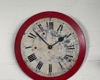 Antique French Clock Dial Wall Clock – 1819 Roman Numerals, Distressed Enamel, Red Frame, Vintage Statement Wall Decor
