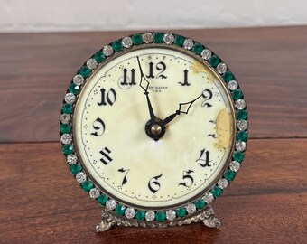 Vintage 1930s Decorative Table Clock – Emerald Green & Silver Jewelled Case, New Haven USA Dial, Quartz Movement, Unique Statement Piece