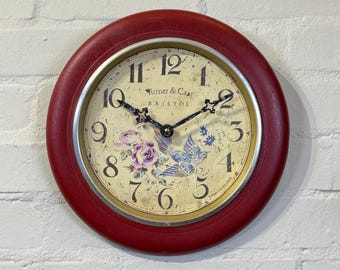 Vintage Shabby Chic Wall Clock Red Wooden Case Bird & Floral Dial Roger Lascelles Style Quartz Clock