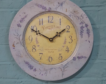 Vintage Lilac French Wall Clock, Lavender Motif, Country Decor, Shabby Chic, Floral Wall Art