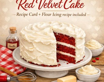 Tarjeta de receta de pastel Red Velvet – Repostería sureña clásica (Descarga digital)