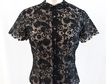 vintage 1960 blouses, black lace OR cream color nylon