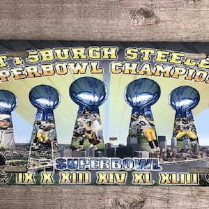 Pittsburgh Steelers License Plate Depicting 6 Super Bowl Trophies Free Shipping