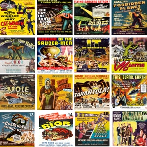 Peut inclure: Un collage de 16 affiches de films vintage mettant en scène des films de science-fiction et d'horreur. Les affiches sont colorées et présentent des images emblématiques, notamment des soucoupes volantes, des araignées géantes et des monstres. Les affiches datent toutes des années 1950 et 1960.