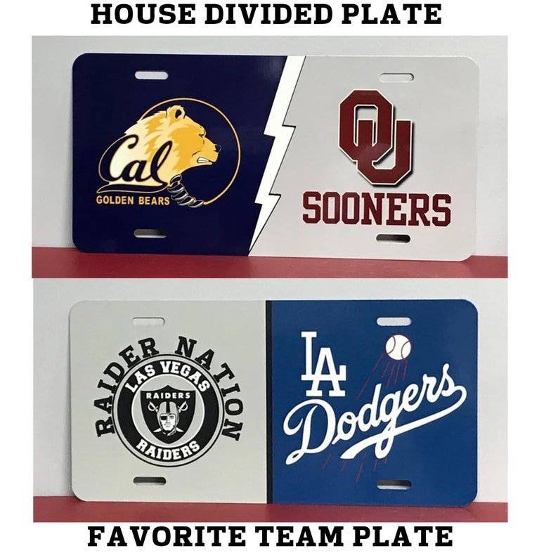 May include: Two license plates with different team logos. The top plate is divided in half, with a blue half featuring the Cal Golden Bears logo and a white half featuring the Oklahoma Sooners logo. The bottom plate is divided in half, with a white half featuring the Las Vegas Raiders logo and a blue half featuring the Los Angeles Dodgers logo.