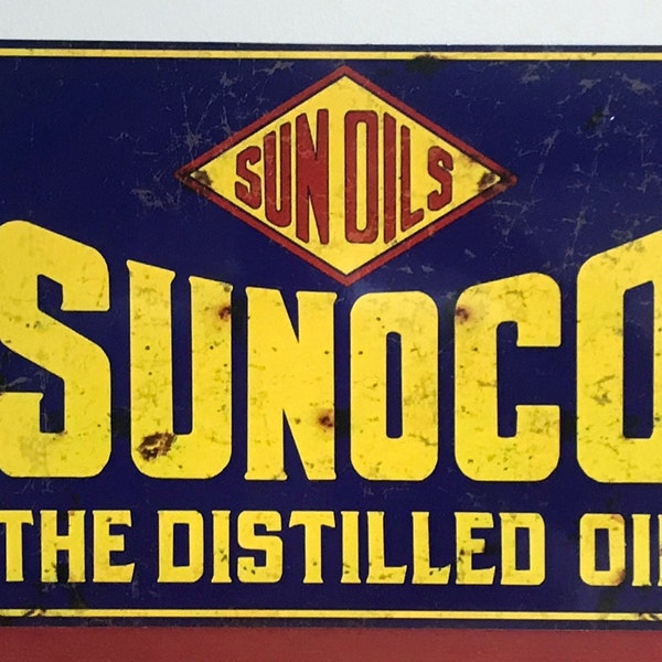 Sunoco Reproduced Vintaged Distressed Oil Aluminum Sign 9x12 Inches