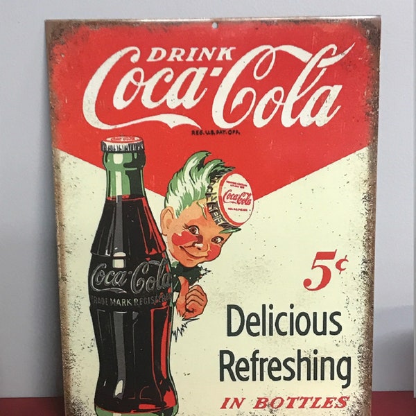 Reproduction d'une enseigne vintage en aluminium Coca Cola 9 x 12, aspect vieilli, publicité pour coke, décoration d'intérieur rustique, cuisine,