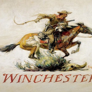 Può includere: Una pubblicità vintage per Winchester con un cowboy a cavallo, che tiene un fucile e un lazo, con la parola "WINCHESTER" in lettere rosse in basso.