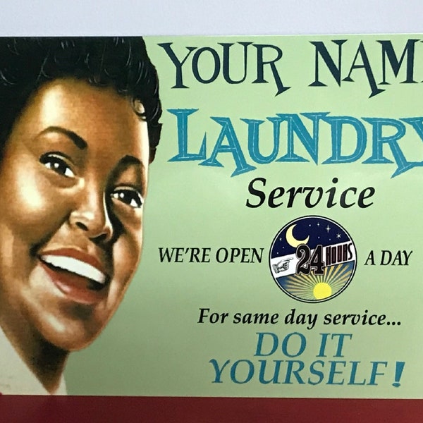 African American Personalized Any Name Vintage 50's Looking 9x12 Aluminum Laundry Room Decor, In Lite Green Or Lite Gray