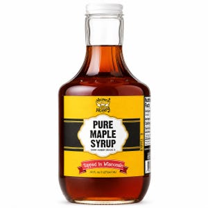 May include: A clear glass bottle filled with dark amber pure maple syrup. The label reads "Pure Maple Syrup, Dark Amber Grade A" and "Tapped in Wisconsin." The bottle has a white cap and contains 32 fl oz (1 qt/946 ml).