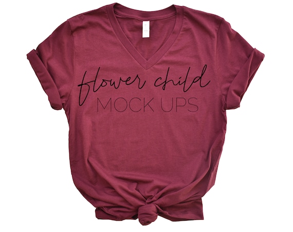 3005 Bella Canvas Mockup Maroon Vneck Vneck T-Shirt Mockup
