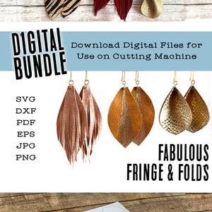 以下が含まれることがあります： カットマシン用のイヤリングデザインのデジタルダウンロードバンドル。バンドルには、SVG、DXF、PDF、EPS、JPG、PNGファイルが含まれています。画像は、フリンジと折り畳みのディテールが施されたさまざまな革のイヤリングを示しています。イヤリングは、ゴールド、ブラウン、レッド、ブラックなど、さまざまな色があります。画像には、イヤリングのデザインが印刷されたシートも表示されています。