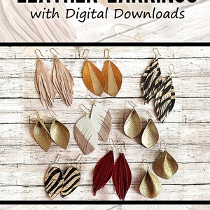 May include: A collection of eight pairs of leather earrings in various colors and styles, including gold, brown, black, white, and red. The earrings are displayed on a wooden surface. The text "MAKE THESE LEATHER EARRINGS with Digital Downloads" is at the top of the image. The text "use SVG files on a Cricut or Print and Cut by Hand" is at the bottom of the image. The text "REFACET.ETSY.COM" is at the bottom of the image.